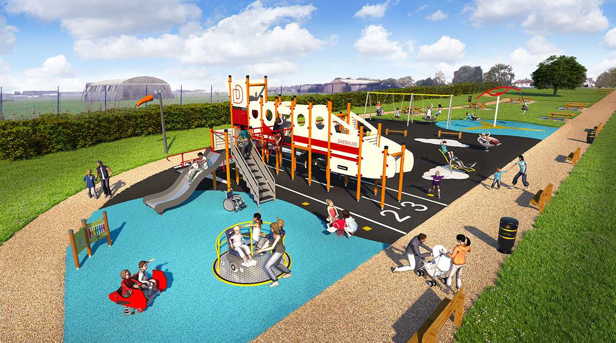 Rendered custom playground design featuring a large playground unit themed and shaped like an aeroplane.